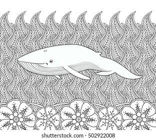 Coloring page with whale in the sea with flowers at  bottom. Horizontal composition. Coloring book for adult and children. Editable vector illustration.