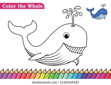 
Farbseite für Wal-Vektorgrafik. 
Kindergartenkinder Farbige Seiten Arbeitsblatt mit großer süßer Whale Cartoon. 
Wale einzeln auf weißem Hintergrund für Farbbücher.