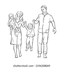 Coloring page where the family walks on the beach and holds hands