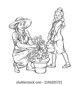 Coloring page where a girl helps to plant flowers to her mother