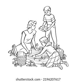 Coloring page where mom and two children are having lunch in nature