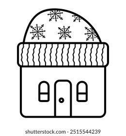 Coloring page of winter house with a snow-covered roof and snowflake decorations for coloring book. Christmas doodle illustration isolated on white background. Black and white page ready for print.