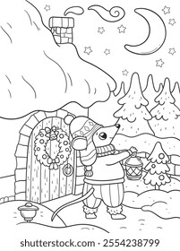 Coloring page with winter landscape. Christmas cartoon character. Vector New Year cute illustration. Mouse with lantern.