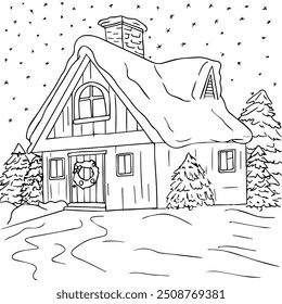 Coloring page with winter landscape, snow. House near the trees