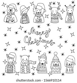 Coloring page with winter set of cute Christmas animals in Scandinavian style and Santa hats, coloring page for kids and adults