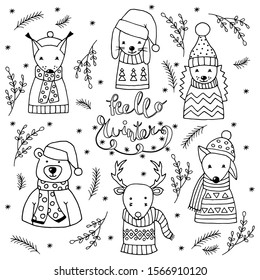 Coloring page with winter set of cute Christmas animals in Scandinavian style and Santa hats