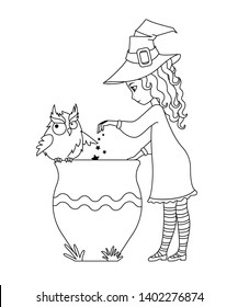 Coloring page: Witch with a cauldron and owl