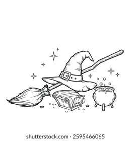 A coloring page with a witch hat and broom