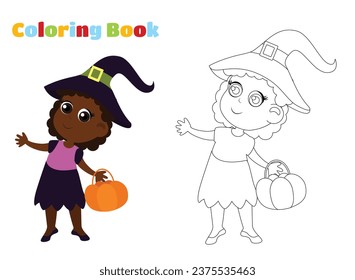 Coloring page. A witch in a hat and costume with a basket in her hands. Halloween character design in cartoon style.