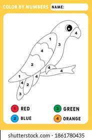 Coloring page with. Funny little parrot. Color by numbers educational children game, drawing kids activity. Animals theme. Illustration and vector outline - A4 paper ready to print.