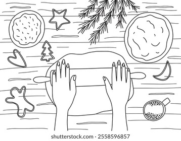 Coloring page with woman hands rolling dough for Christmas gingerbread cookies. Vector stock illustration