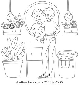 Coloring page with woman looking in mirror in bathroom interior with plants on white background