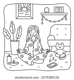 Coloring page. A woman meditates with her cat in a cozy home atmosphere with music.