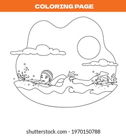 Coloring page of woman swimming on ocean or sea. Modern colorful illustration character swimming. Sportsman training on the sea. Sports activities in the summer.