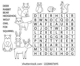 Coloring page with word search. Forest animals. Cute cartoon characters. Educational game for kids. Printable crossword. Learn English. Vector illustration.