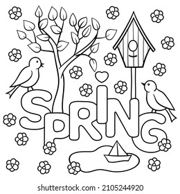 Coloring page with the word SPRING, birds, birdhouse, leaves, tree, boat in a puddle, flowers. Vector illustration