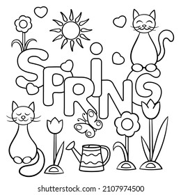 Coloring Page Word Spring Cats Flowers Stock Vector (Royalty Free