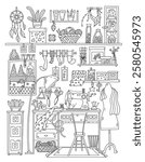 Coloring Page Of Workshop Room For Tailor And Seamstress Shelves For Kids And Adults