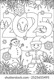 Coloring page with year 2025 sign, gingerbread man, cute little snowman, smiling snowflake and winter scene. Suitable both for kids and adults.
