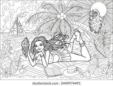 Coloring page with young beautiful woman with book and cocktail drink on vacation on beach against tropical nature and seascape. Summer background, travel concept, line art. 