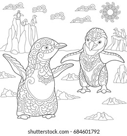 Coloring page. Young emperor penguins among arctic landscape. Freehand sketch drawing for adult antistress coloring book in zentangle style.