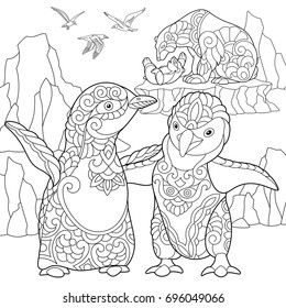 Coloring page of young emperor penguins, polar bears and seagulls. Freehand sketch drawing for adult antistress coloring book in zentangle style.