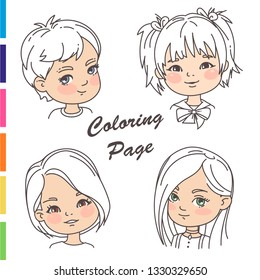 Coloring page. Young girl portraits with different hairstyles Outline sketch, pencil strokes. Woman haircut set.Beautiful women. Children models.Monochrome vector illustration.