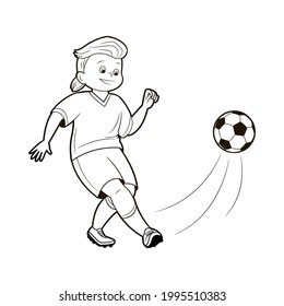 coloring page: young soccer player kicks a soccer ball.Vector illustration in cartoon style, black and white line art on a sport theme