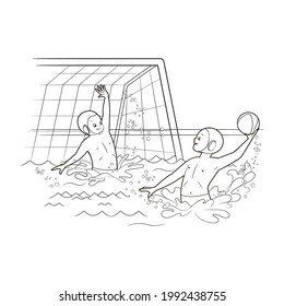 Coloring page: young water polo players play water polo in the pool, throwing the ball into the goal. Vector illustration, in cartoon style, black and white lines