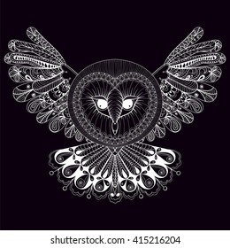 Coloring page, zentangle hand drawing Owl illustration, tribal totem, mascot, doodle bird for adult Coloring books or tattoos, logo, postcard. Vector monochrome sketch of polar bird.