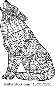 Coloring page with zentangle style and doodles with wolf. Anti stress coloring for adults.