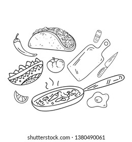 Coloring Page,Book and Antistress freehand sketch with mexican burrito, fried egg, pepper.Used for greeting card, poster design.Vector illustration.