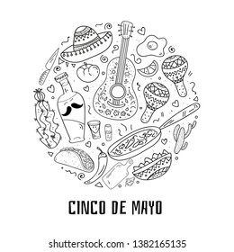 Coloring Page,Book and Antistress freehand sketch hand lettering calligraphy with mexican sombrero,bottle tequila,maraca.Used for greeting card, poster design.Vector illustration.