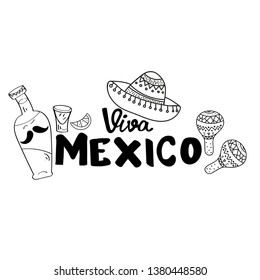 Coloring Page,Book and Antistress freehand sketch.Viva Mexico hand lettering.Vector calligraphy with mexican sombrero,bottle tequila,maraca.Used for greeting card, poster design.Vector illustration