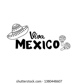 Coloring Page,Book and Antistress freehand sketch.Viva Mexico hand lettering.Vector calligraphy with mexican sombrero,maraca.Used for greeting card,poster design.Vector illustration