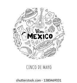 Coloring Page,Book and Antistress freehand sketch.Viva Mexico and 5 May hand lettering calligraphy with mexican sombrero,bottle tequila,maraca.Used for greeting card, poster design.Vector illustration