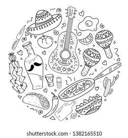 Coloring Page,Book and Antistress freehand sketch.Viva Mexico hand lettering.Vector calligraphy with mexican sombrero,bottle tequila,maraca.Used for greeting card, poster design.Vector illustration