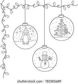 Coloring page,book for children. Christmas and New Year decorate for Christmas tree. Hand drawn. Vector illustration.