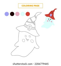 Coloring page.Color cute cartoon ghost with halloween hat. 