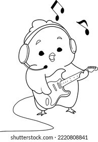 coloring page.cute cartoon chick playing electric guitar