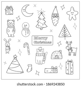 coloring page,doodle cute christmas elements.