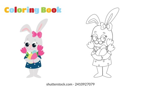 Una conejita de Pascua con un vestido sostiene un ramo de tulipanes con huevos decorativos en sus patas. Ilustración festiva del personaje feliz al estilo de las caricaturas.