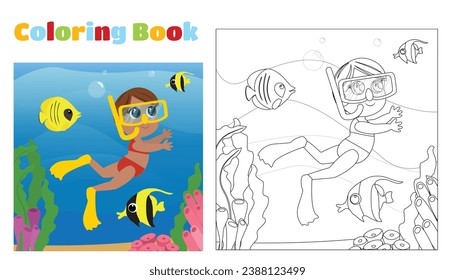 Coloring pagefor children. A happy girl in a swimsuit and fish swims near the coral reefs. 