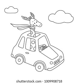 Coloring page.Giraffe in a car. Vector illustration on white background.