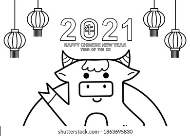 coloring page,Happy Chinese new year 2021greeting card with cute ox, year of ox ,Chinese Translate: Ox