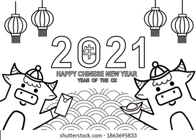 coloring page,Happy Chinese new year 2021greeting card with cute ox, year of ox ,Chinese Translate: Ox