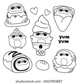 Coloring page.Painting book for kid.Cute fat penguin in dessert and sweet bakery concept.Ice cream,crepe,chucream,roll cake.Bird animal character cartoon.School student.Nursery.Kawaii.Vector.