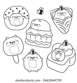 Coloring page.Painting book for kid.Cute fat teddy bear in dessert and sweet bakery concept.Ice cream,crepe,macaron,honey toast.Wild animal character cartoon.Kawaii.Vector.Illustration.