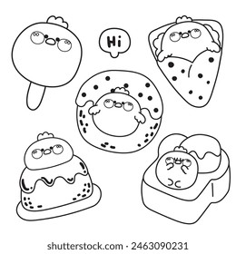 Coloring page.Painting book for kid.Cute fat hen in dessert and sweet bakery concept.Ice cream,crepe,pudding,honey toast.Farm animal character cartoon.Kawaii.Vector.Illustration.