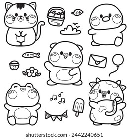 Coloring page.Painting book for kid.Cute icon and animals character design.Cat,chicken,pig,frog,cow hand drawn.Cartoon.School student.Nursery.Art.Kawaii.Vector.Illustration.